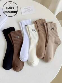 1/6 Pairs Women Neutral Color Bow Decor Mid-Calf Socks Christmas Gift - Multicolor - View 9
