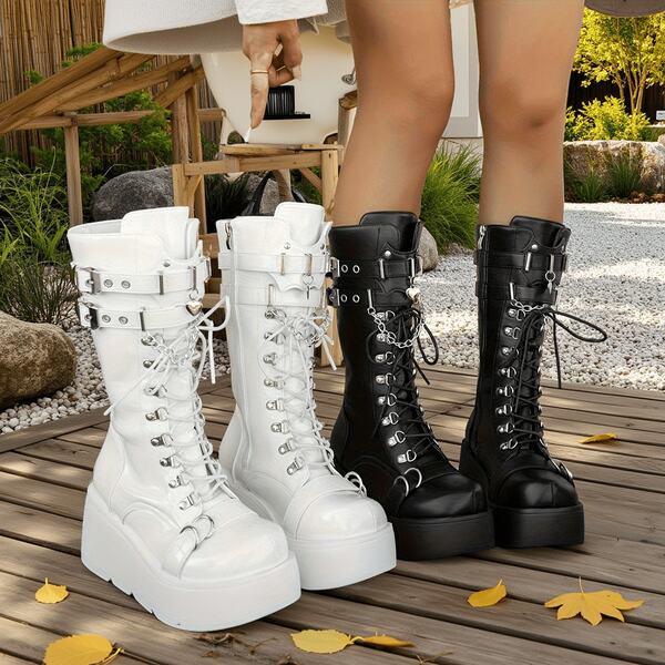 Women's Fashion Halloween 2025 Winter Platform Wedge Side Zipper Lightweight Non-Slip Warm Black White Mid-Leg Boots Women's Casual Motorcycle Boots