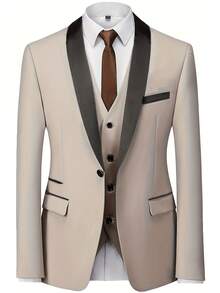Men's Suit Elegant Men's Three-Piece Suit, Suitable As A Wedding Suit Or Business Suit. It Includes A Shawl Collar Suit Jacket, A Waistcoat And Matching Trousers, Featuring A Business Casual Style With A Solid Color, Simple And Sophisticated Design. Ideal For Occasions Such As Daily Casual Wear, Holiday Events, Business Settings, Weddings, Dances, And Commuting To Work, It Also Makes An Excellent Gift For Boyfriends Or Husbands. - 米色 - 查看 3