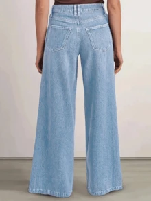 新款时尚女式宽松阔腿舒适弹力牛仔裤，高品质时尚休闲春季款 - 淺色水洗藍 - 查看 2