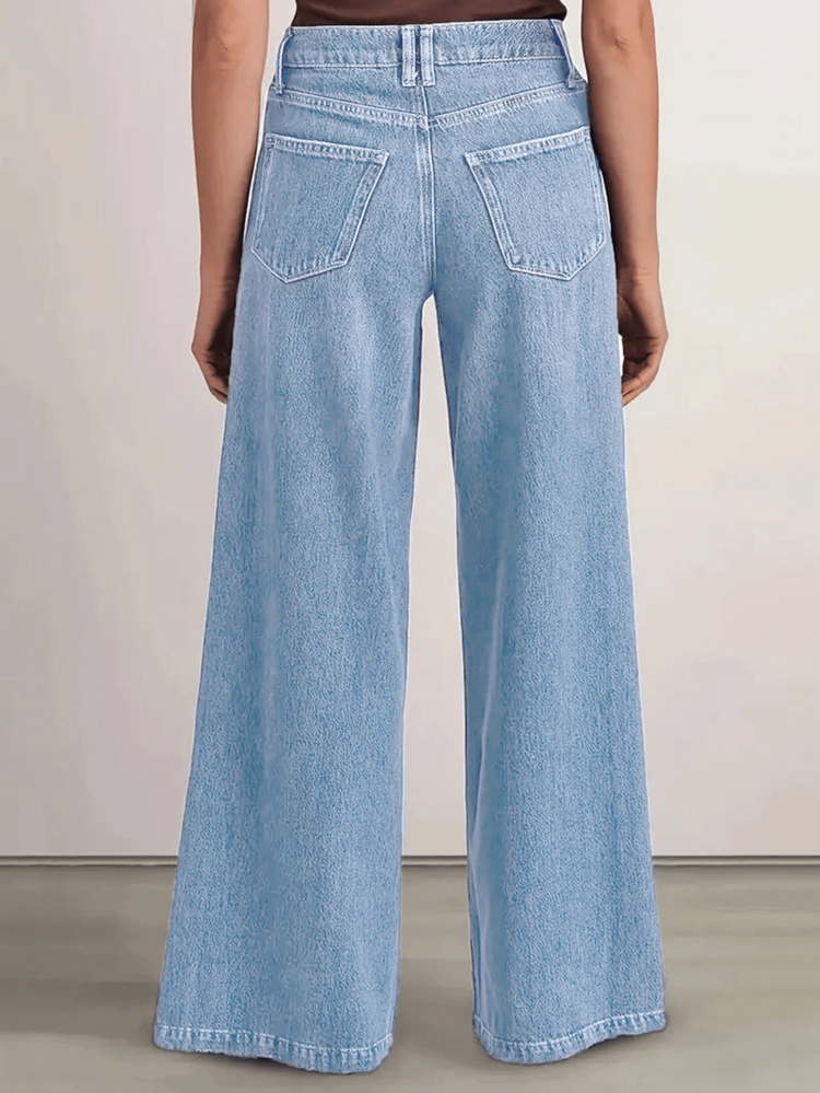 新款时尚女式宽松阔腿舒适弹力牛仔裤，高品质时尚休闲春季款 - 淺色水洗藍 - 查看 2