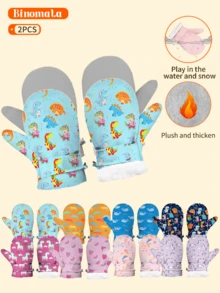 2 Pairs Toddler Boys And Girls Cartoon Print Mittens, Size M (1-2 Years Old), Waterproof Warm Winter Gloves For Outdoor, Snow, Skiing