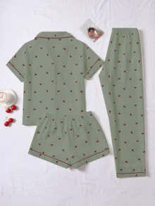 3pcs Bubble Crinkle Cherry Print Women Pajama Set - Short Sleeve Button Collar Top And Shorts + Long Pants - Green - View 2