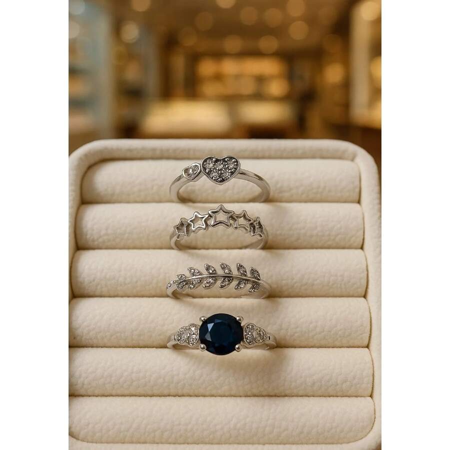Kit With 4 Delicate, Elegant, Plated Leaves Rings - Navy Blue Silver - View 1