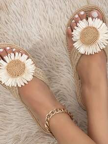 New Plus Size Women Comfortable Simple Round Toe Woven Floral Decor Flat Slide Sandals, Casual Fashion Outdoor Vacation Beach Summer Shoes