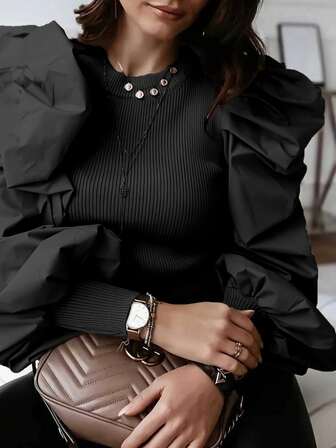Crew Neck Fitted Puff Sleeve Splice Women Clothing
