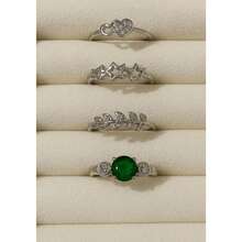 Kit With 4 Delicate, Elegant, Plated Leaves Rings - Green Silver - View 2