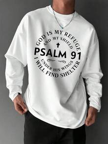 Men's Psalm 91 Graphic Print Long Sleeve T-Shirt - Cotton Crewneck Religious Bible Verse Apparel With "God Is My Refuge And Shield" Inspirational Design, Comfortable Casual Christian Faith-Based Tee For Daily Wear(280 Gsm) - 白色 - 查看 1