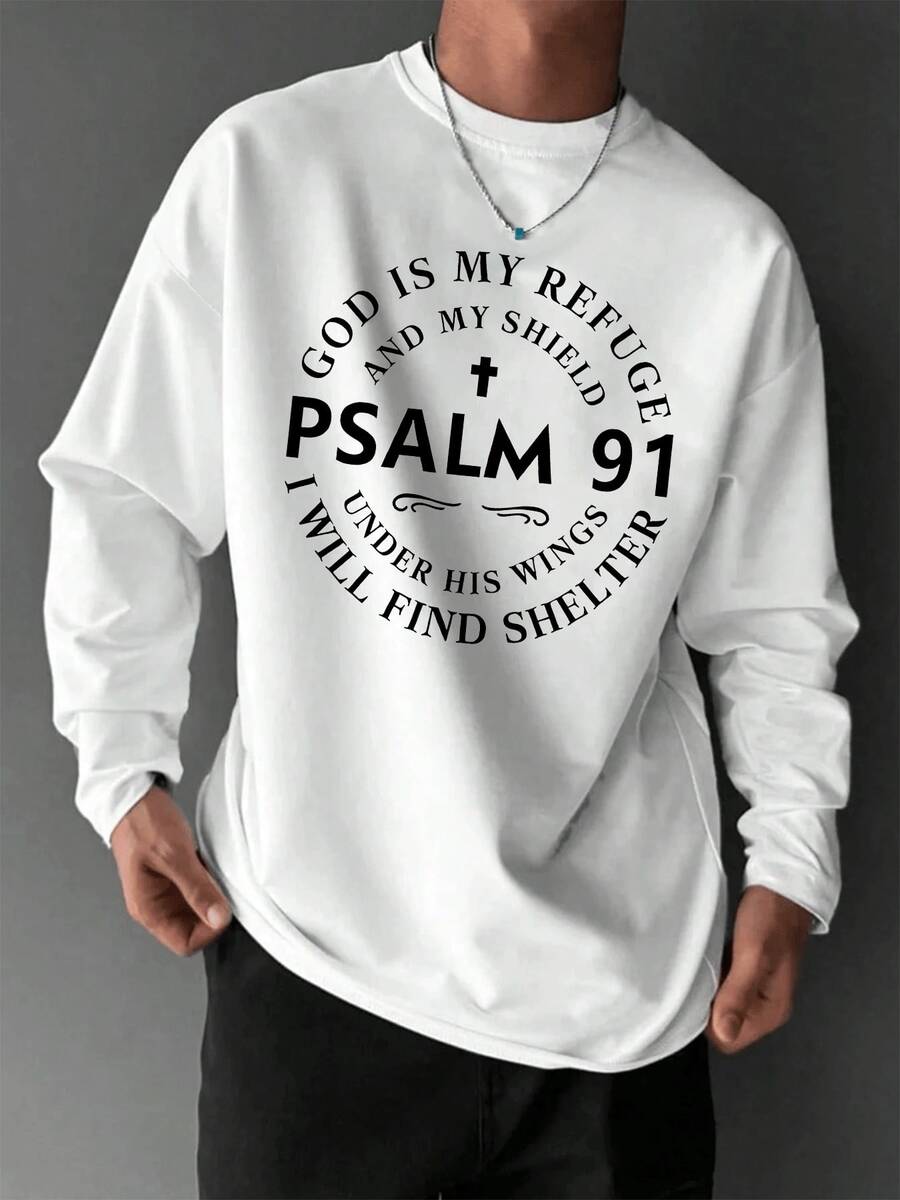 Men's Psalm 91 Graphic Print Long Sleeve T-Shirt - Cotton Crewneck Religious Bible Verse Apparel With "God Is My Refuge And Shield" Inspirational Design, Comfortable Casual Christian Faith-Based Tee For Daily Wear(280 Gsm) - 白色 - 查看 1