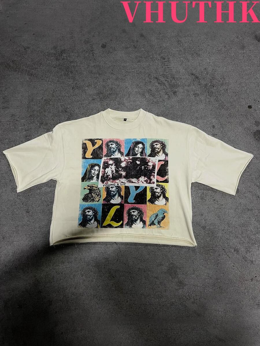 VHUTHK (220 Cotton T-Shirt) Men's Summer Round Neck Short Sleeve Casual Cotton Printed With Letter Print  I JUST GET FLY AND TRUST GOD - 米色3 - 查看 1