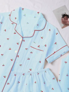 3pcs Bubble Crinkle Cherry Print Women Pajama Set - Short Sleeve Button Collar Top And Shorts + Pants - Màu xanh lam - Xem 3