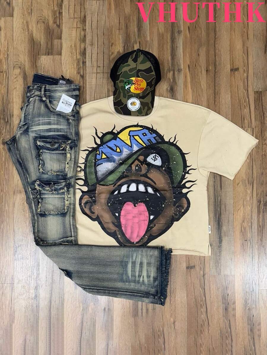 VHUTHK (220 Cotton T-Shirt) Men's Summer Round Neck Short Sleeve Casual Cotton Printed With Letter Print I JUST GET FLY AND TRUST GOD - 米色2 - 查看 1