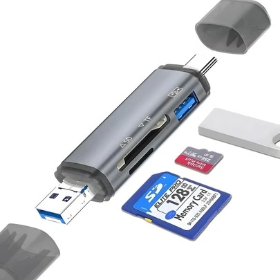 Lector de Tarjetas 6 en 1, 3 en 1 OTG USB+Lightning+Tipo-C, de Alta Velocidad, USB 3.0 Tipo-C hasta 5 Gbps, Compatible con SD, MicroSD, TF, SDHC, SDXC hasta 512 GB, Plug and Play, Versátil y Universal