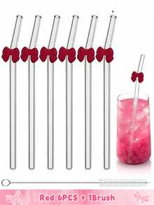 6 件可重复使用玻璃吸管，带粉色蝴蝶结，防碎，可爱弯曲饮用吸管，带清洁刷，适用于冷热饮料、茶吧饮具、新娘送礼会和热带派对的杯子配件、适用于童话花园和婚礼装饰的异想天开的饮用套装 - 彩色 - 查看 20