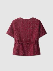 Women's Round Neck Single-Breasted Elegant Belted Tweed Short Sleeve Jacket - Red - View 2