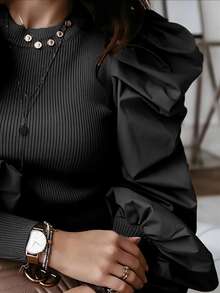 Crew Neck Fitted Puff Sleeve Splice Women Clothing Black Spring - Black - View 3