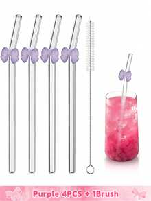 6 件可重复使用玻璃吸管，带粉色蝴蝶结，防碎，可爱弯曲饮用吸管，带清洁刷，适用于冷热饮料、茶吧饮具、新娘送礼会和热带派对的杯子配件、适用于童话花园和婚礼装饰的异想天开的饮用套装 - 彩色 - 查看 32