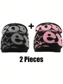 时尚休闲街头嘻哈帽冬季针织帽女士帽子，休闲，可爱，优雅，街头风格，腈纶，提花，四季皆宜 - 2PCS粉紅 - 查看 9