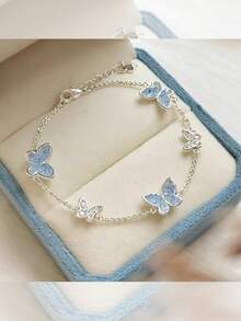 女士精致奢华蓝蝴蝶水晶手链，2024 年夏季新款时尚珠宝 - 藍色水晶大小蝴蝶手鍊 - 查看 6