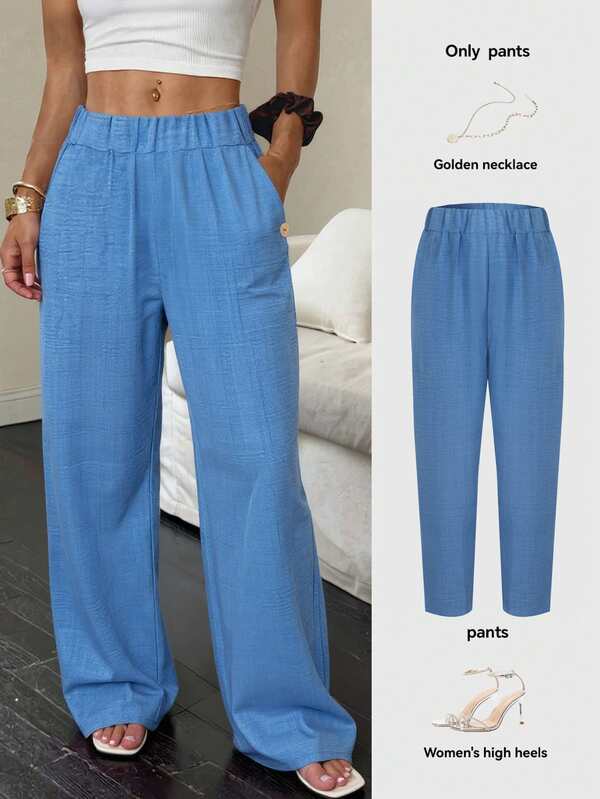 2025 New European & American Style Women's Solid Color Commuter Cone Pants, Button Decor Pocket Design, Casual Loose Long High Waist Elegant Trousers, Minimalist Daily Wear