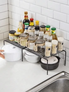 1pc Ultimate Expandable Metal Storage Rack - Space Saving, Super Durable, Adjustable Storage, Suitable For Kitchen, Pantry And Cabinets - Non-Slip Anti-Rust Spice Rack, Great For Home And Restaurant Use - Black - View 4