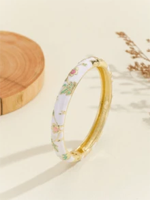 1 X Bohemian Style Women's White Enamel Bracelet Exquisite Floral Pattern Jewelry Gift Suitable For Daily Wear, Holiday Gifts
