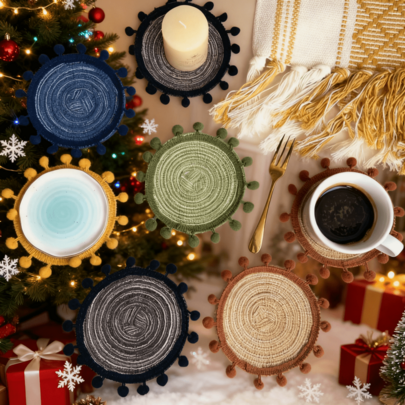 1/4pcs Colorful Holiday Table Decorative Placemats & Coasters, Hand-Woven Circular Heat-Resistant Mats For Hotels & Restaurants, Christmas/Halloween/New Year Gifts,18cm/38cm