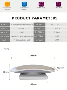 [Bestseller]1PC 10kg Easy-To-Clean ABS Material Small Pet Scale, Precise To 1g, LED Screen Digital Display Electronic Scale, Separate Design, Small In Size, Convenient For Storage, Supports Multiple Units Of G, Ml, Oz, Lb:Oz For Quick Switching, One-Click Weight Removal, Suitable For Weighing Various Items And Small Animals (Battery Not Included) - White - View 3