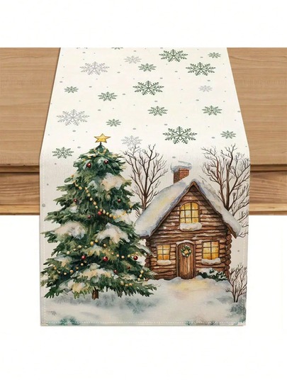 1 pezzo Runner da tavolo natalizio, design con albero di Natale, fiocchi di neve e baita per tavolo da pranzo, cucina, decorazioni per feste, decorazioni natalizie per la tavola, decorazioni natalizie per la casa, decorazioni per il Ringraziamento, runner da tavolo per le vacanze, decorazioni stagionali per la casa