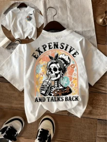Camiseta playera básica gráfica estampada ambos lados frente espalda casual dama mujer manga corta cuello redondo look casual relajado cómodo versátil fresca ligera colorido diseño halloween día de muertos brujas alternativo aestheric moda juvenil esqueleto - Blanco - Ver 1