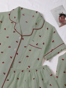 3pcs Bubble Crinkle Cherry Print Women Pajama Set - Short Sleeve Button Collar Top And Shorts + Long Pants - Green - View 3