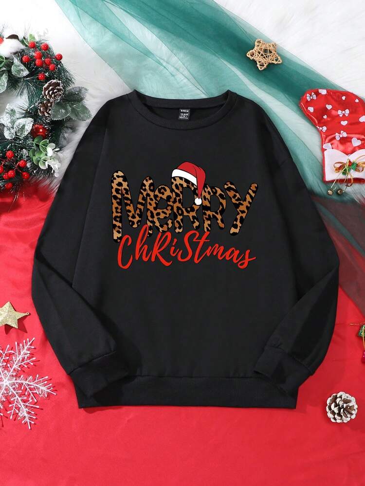 Plus Size Women Casual Minimalist Sweatshirt With Christmas Elements And Letter Print Pattern. Round Neck Long Sleeve Sweatshirt, Suitable For Autumn/Winter, Suitable For Party And Daily Wear - Black - View 4