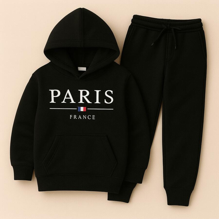 Paris Children's  Sweatshirt Set In Various Colors, Cotton Flannel - 黑色 - 查看 1