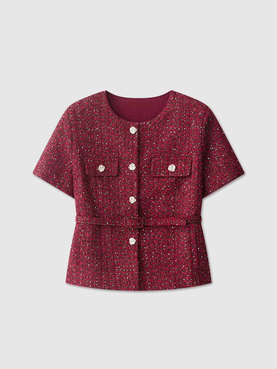 Women's Round Neck Single-Breasted Elegant Belted Tweed Short Sleeve Jacket - Red - View 1