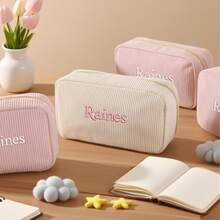 1个定制刺绣名字灯芯绒化妆包，女士化妆品收纳包，日常旅行收纳包，旅行洗漱包，大容量，伴娘礼物，闺蜜礼物，姐妹聚会礼物，婚礼纪念品，生日礼物，圣诞礼物，女士必备旅行配件，永恒之爱 - 彩色 - 查看 7