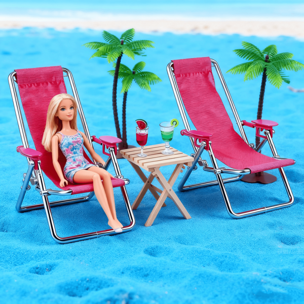 Rosa Strandsessel, Tisch und Cocktail-Set für Puppenhaus Strandszene, Miniatur-Accessoires für DIY Szenenbau, Dekor für Tiny Homes, OB11 Fotografie Requisiten