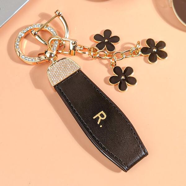 Fashion Crystal Studded Car Key Chain, PU Leather With 3 Small Flower Charms, Elegant Rhinestone Key Ring, Durable & Stylish Daily Accessory, Gift, Couple Accessory In Fashionable Black PU Leather
