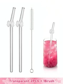 6 件可重复使用玻璃吸管，带粉色蝴蝶结，防碎，可爱弯曲饮用吸管，带清洁刷，适用于冷热饮料、茶吧饮具、新娘送礼会和热带派对的杯子配件、适用于童话花园和婚礼装饰的异想天开的饮用套装 - 彩色 - 查看 26