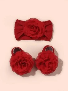 1Set Baby Elastic Hairband & Chiffon Flower Decorated Socks - Red - View 4