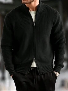 Men's Thick Zip-Up Cardigan, Long Sleeve Solid Color Sweater - Black - View 1
