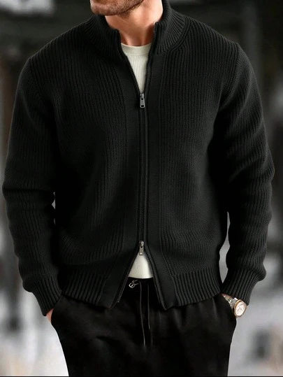 Men's Thick Zip-Up Cardigan, Long Sleeve Solid Color Sweater