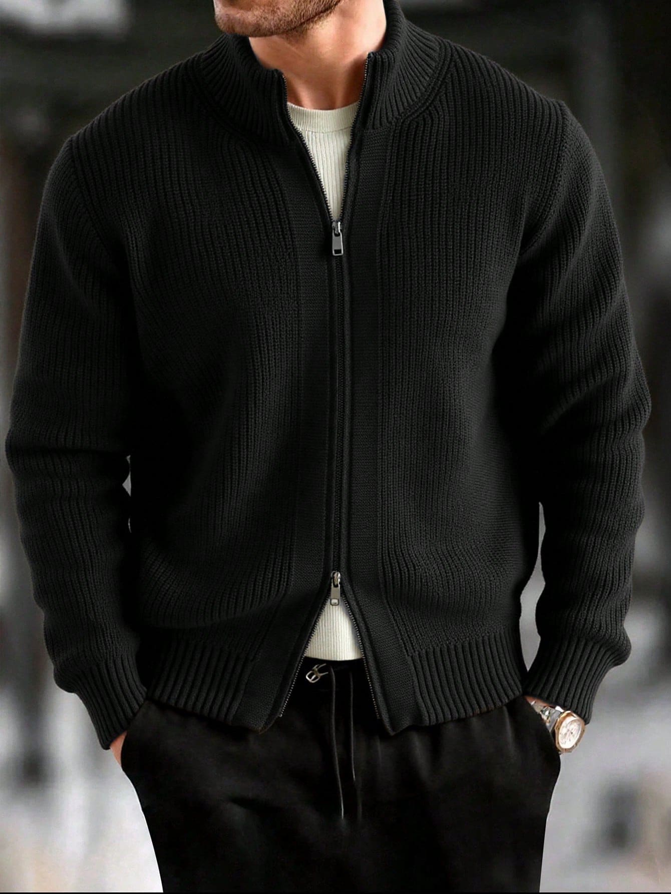 Men's Thick Zip-Up Cardigan, Long Sleeve Solid Color Sweater - Black - View 1