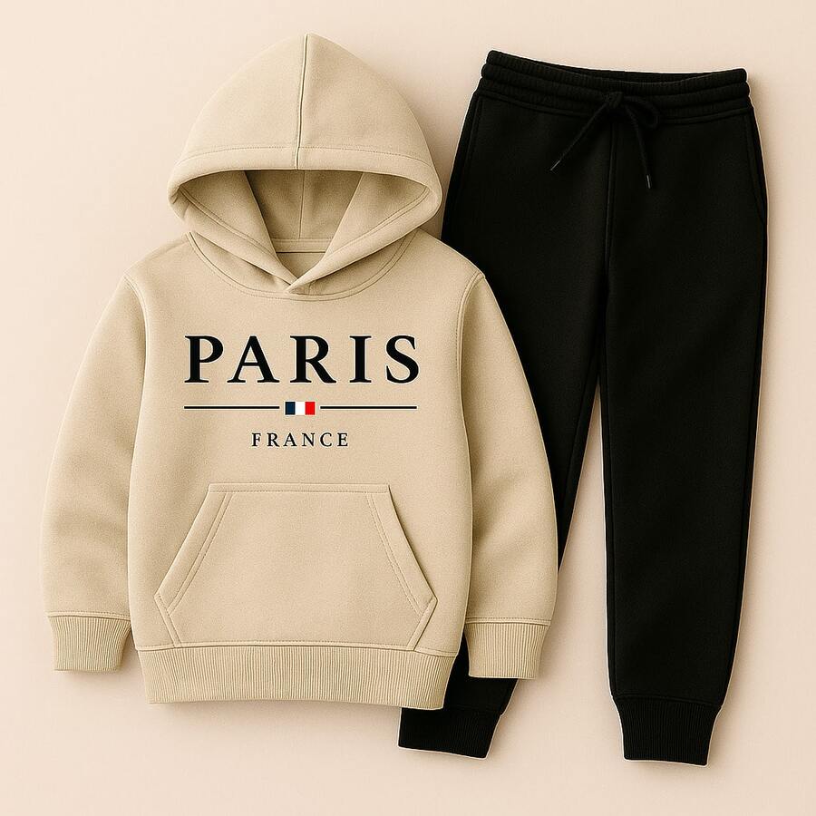 Paris Children's  Sweatshirt Set In Various Colors, Cotton Flannel - 米色 - 查看 1