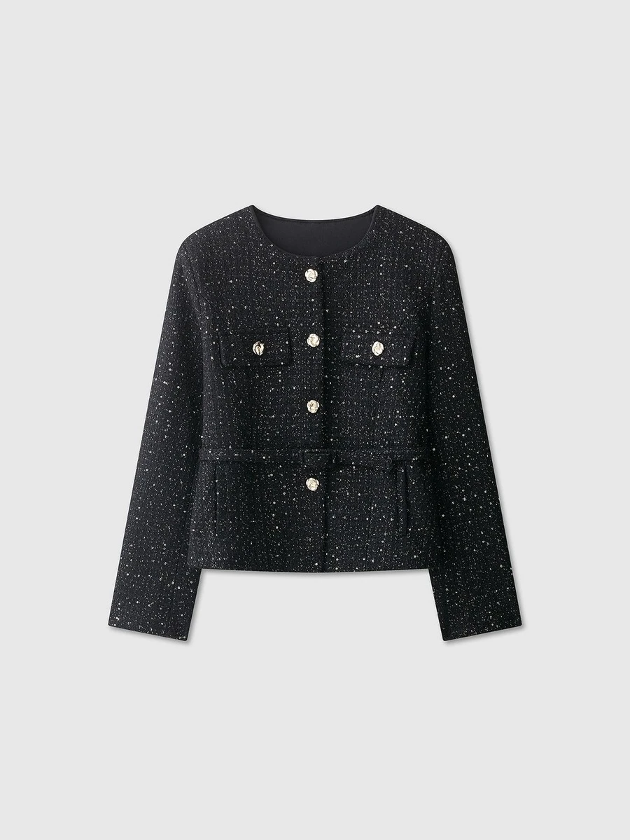 Women's Long Sleeve Metal Button Elegant Belted Tweed Jacket Coat