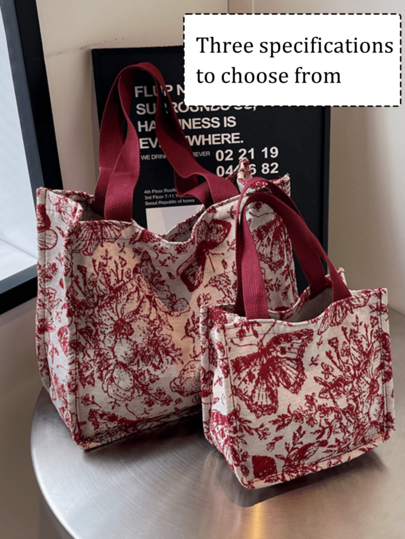 1 件花卉印花帆布手提包单肩包，轻便挎包便携式收纳手提包通勤包花卉帆布包女化妆包学生大容量托特包，多功能手提包绣花花单肩包