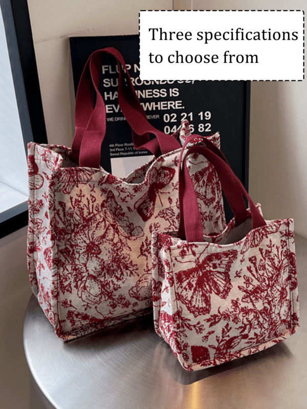 1 件花卉印花帆布手提包单肩包，轻便挎包便携式收纳手提包通勤包花卉帆布包女化妆包学生大容量托特包，多功能手提包绣花花单肩包