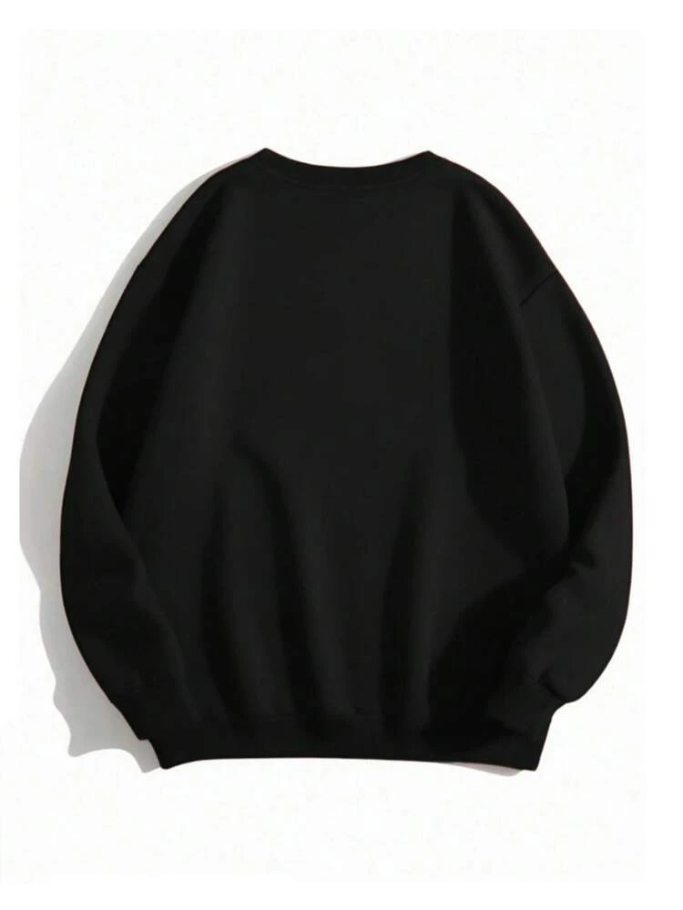 Plus Size Women Casual Minimalist Sweatshirt With Christmas Elements And Letter Print Pattern. Round Neck Long Sleeve Sweatshirt, Suitable For Autumn/Winter, Suitable For Party And Daily Wear - Black - View 5