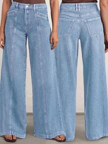 新款时尚女式宽松阔腿舒适弹力牛仔裤，高品质时尚休闲春季款 - 淺色水洗藍 - 查看 3