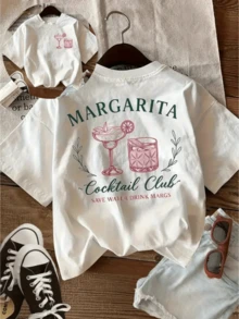 Camiseta playera básica gráfica estampada ambos lados frente espalda casual dama mujer manga corta cuello redondo look casual relajado cómodo versátil fresca ligera colorido diseño moda juvenil margaritas bebida cocktail aestheric - Blanco - Ver 1