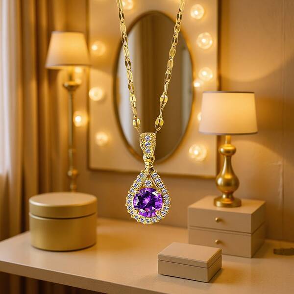 1 pieza Collar con colgante de lágrima de gema púrpura, estilo europeo de lujo con pequeños diamantes, colgante de acero de titanio violeta, adecuado como regalo del Día de la Madre, uso diario para mujeres